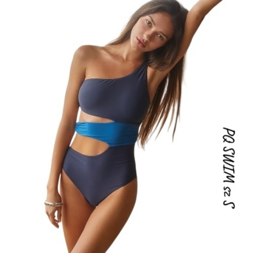 PQ Swim One Shoulder Cutout One Piece Swimsuit Blue Colorblock NWT Size S